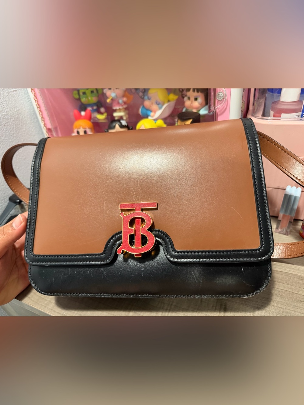Burberry Brown Leather Shoulder Bag with Black Trim and Red TB Monogram